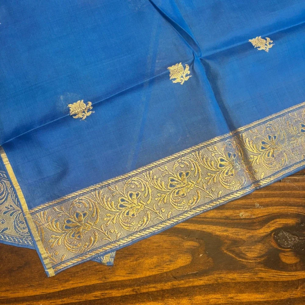 Blue Silk‎ Gold Zari Floral Dupatta Scarf Indian Ethnic Wedding Scarf 46x17